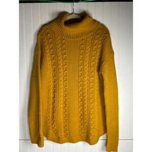 TALBOTS mustard cable knit pom turtleneck sweater Sz L  Fall casual wool blend